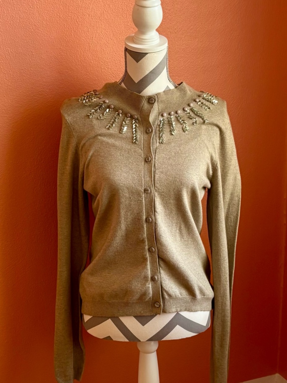 Rebecca Taylor Camel Embellished Crewneck Cardigan